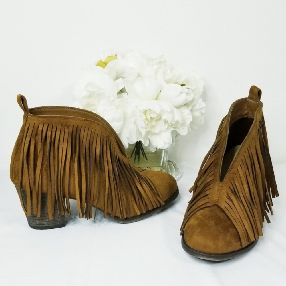 NEW Mata Fringe Suede Ankle Booties in Brown Color Boho Style NWOB
